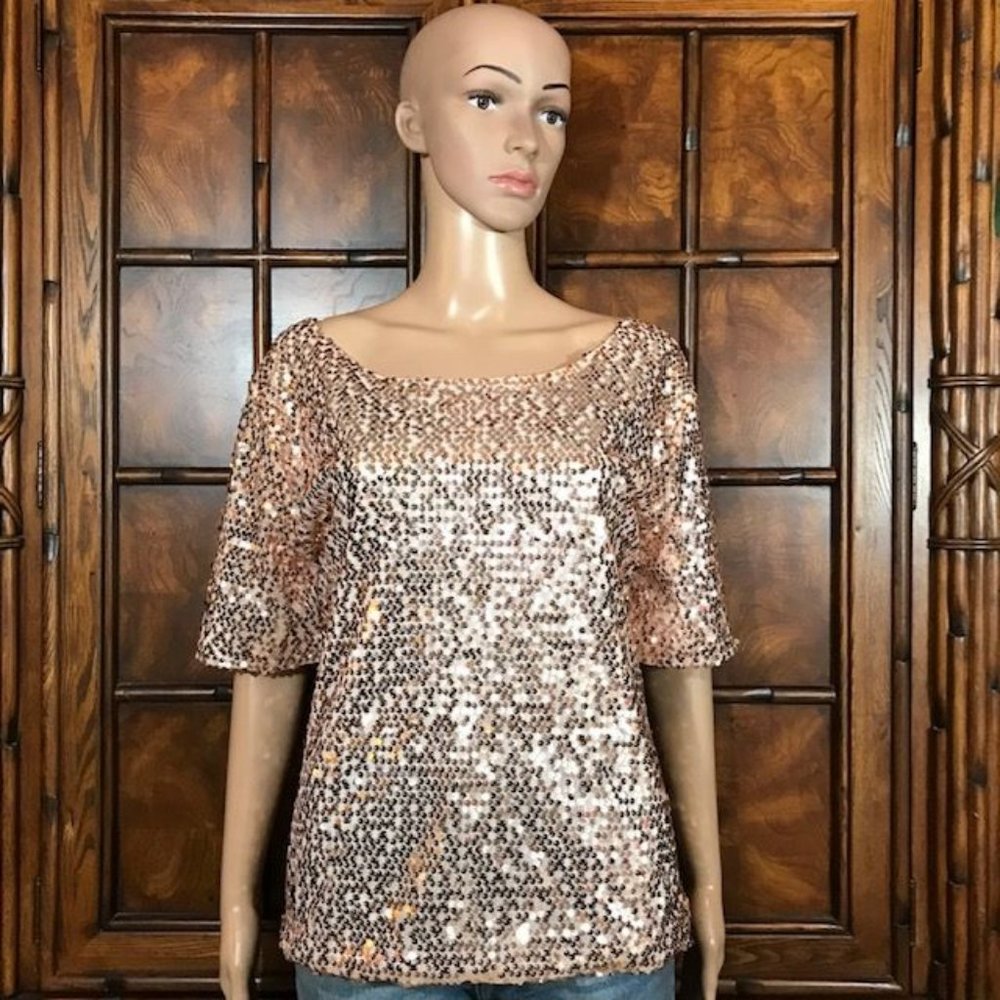 Rose Gold Sequin Bateau Neck Short Sleeve Top